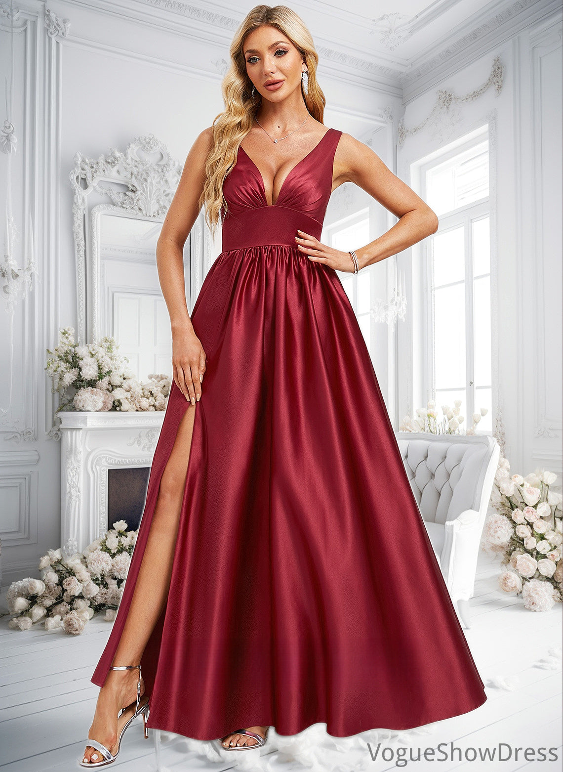 Quinn A-line V-Neck Floor-Length Satin Bridesmaid Dress DLP0025775