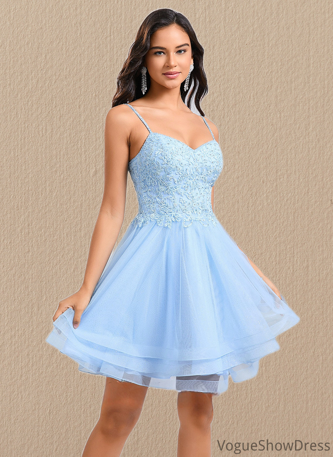 Alexis A-line V-Neck Short Lace Tulle Homecoming Dress With Rhinestone Sequins DLP0025658