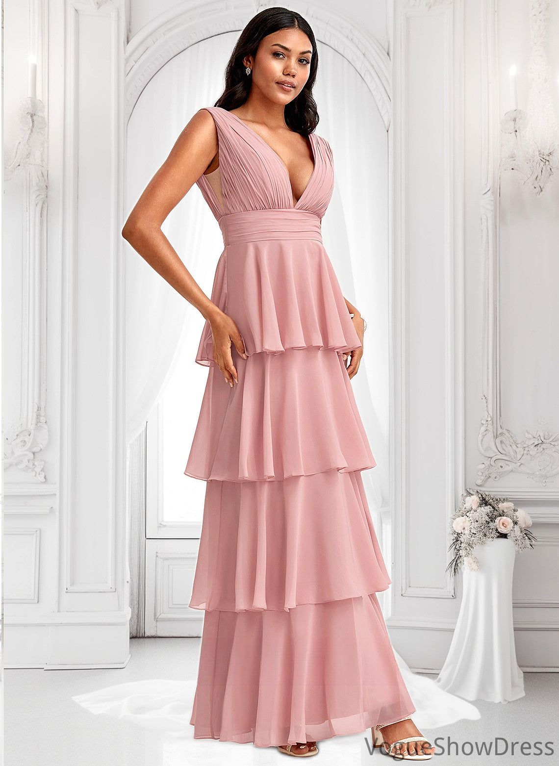 Aliza A-line V-Neck Floor-Length Chiffon Bridesmaid Dress DLP0025749