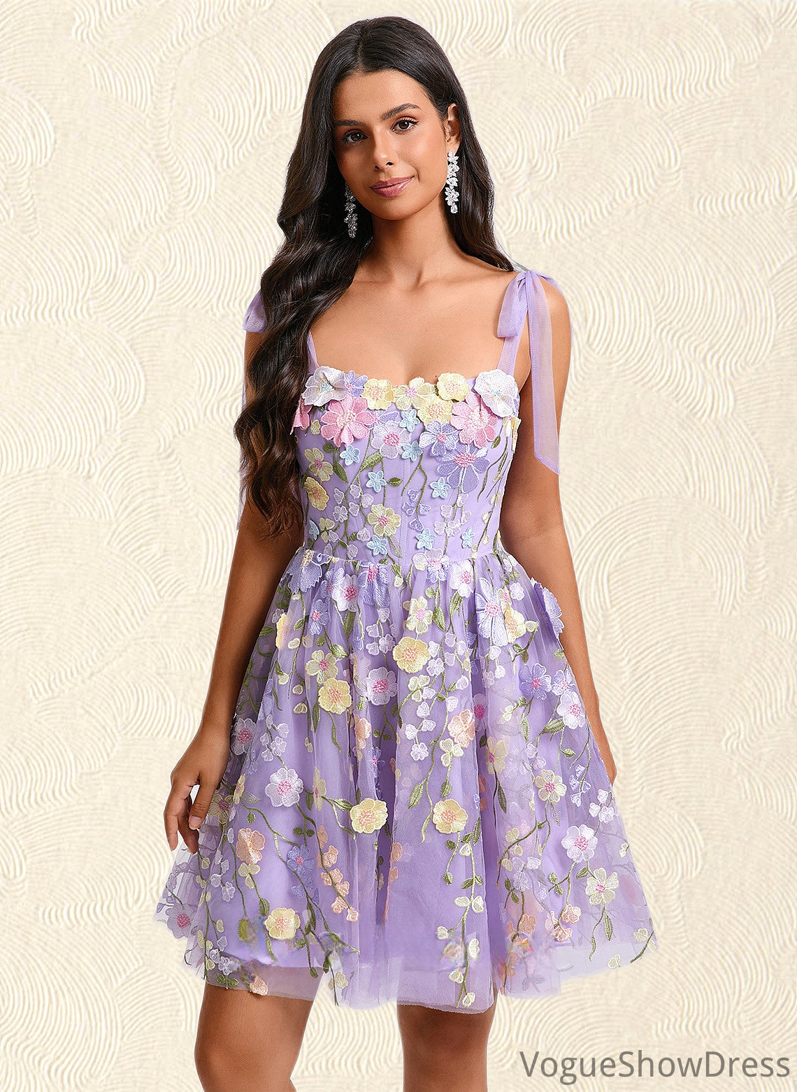 Angie A-line Scoop Short Floral Lace Homecoming Dress With Bow 3D Floral DLP0025695