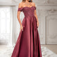 Gemma A-line Off the Shoulder Floor-Length Satin Lace Prom Dresses With Sequins DLP0025841