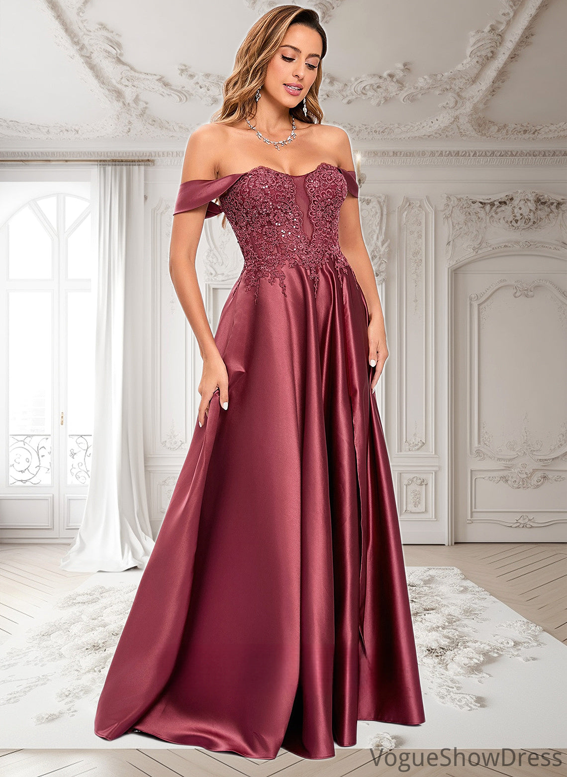 Gemma A-line Off the Shoulder Floor-Length Satin Lace Prom Dresses With Sequins DLP0025841