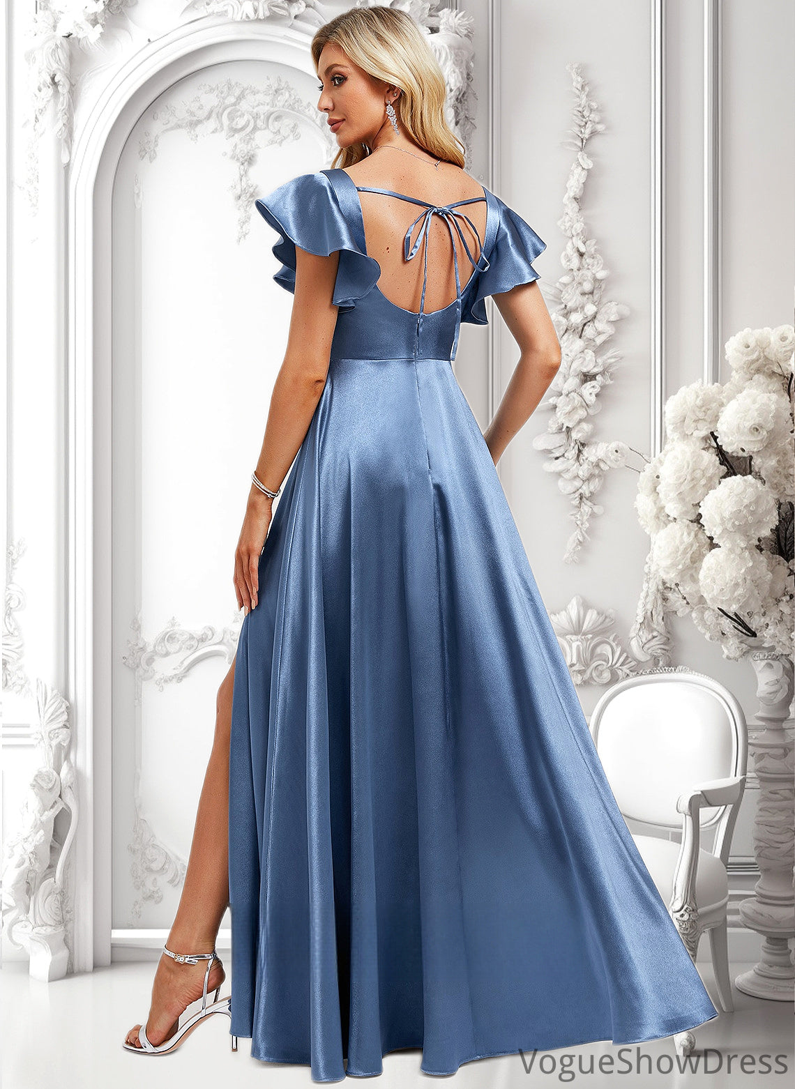 Ashlee A-line Square Floor-Length Stretch Satin Bridesmaid Dress With Ruffle DLP0025769