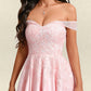 Camryn A-line Off the Shoulder Short Satin Homecoming Dress With Rhinestone Beading Appliques Lace DLP0025679