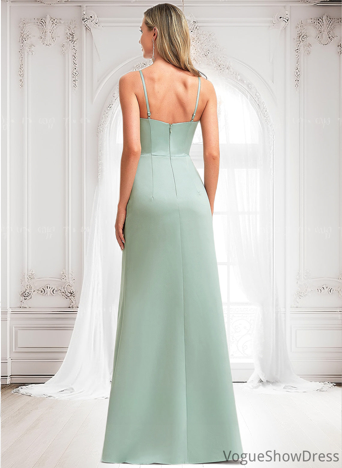 Kassidy A-line Square Floor-Length Satin Bridesmaid Dress With Ruffle DLP0025736