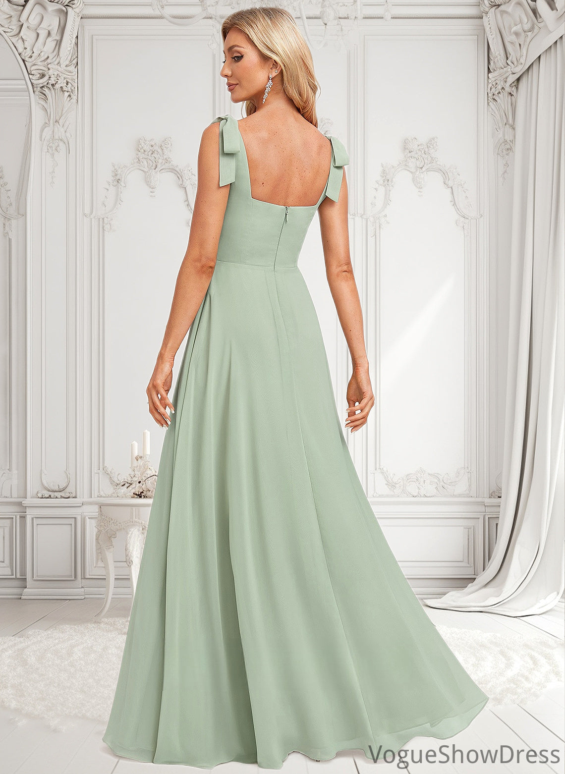 Madge A-line Square Floor-Length Chiffon Prom Dresses With Bow DLP0025876