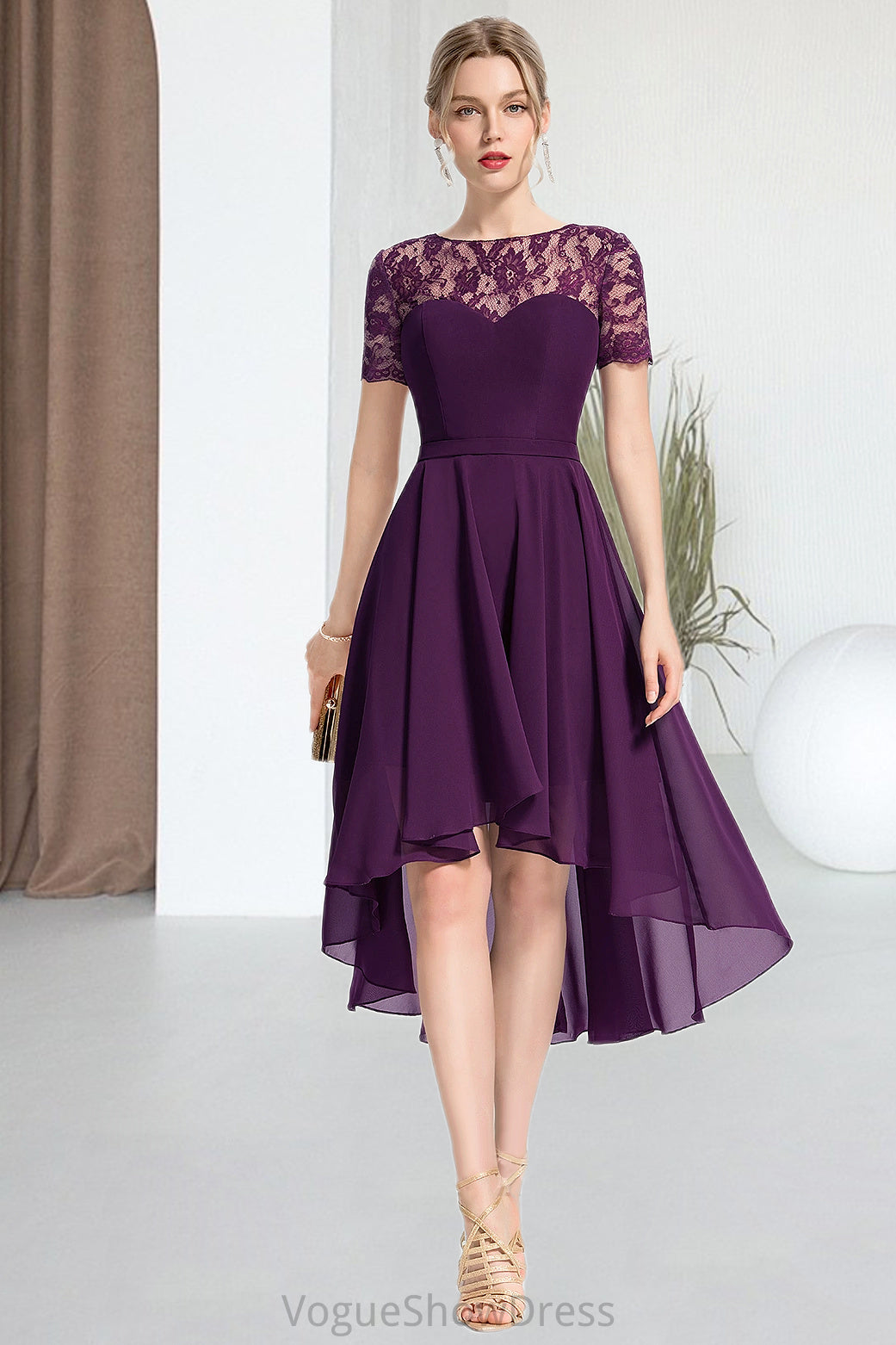 Elizabeth A-line Scoop Asymmetrical Chiffon Lace Homecoming Dress DLP0020587