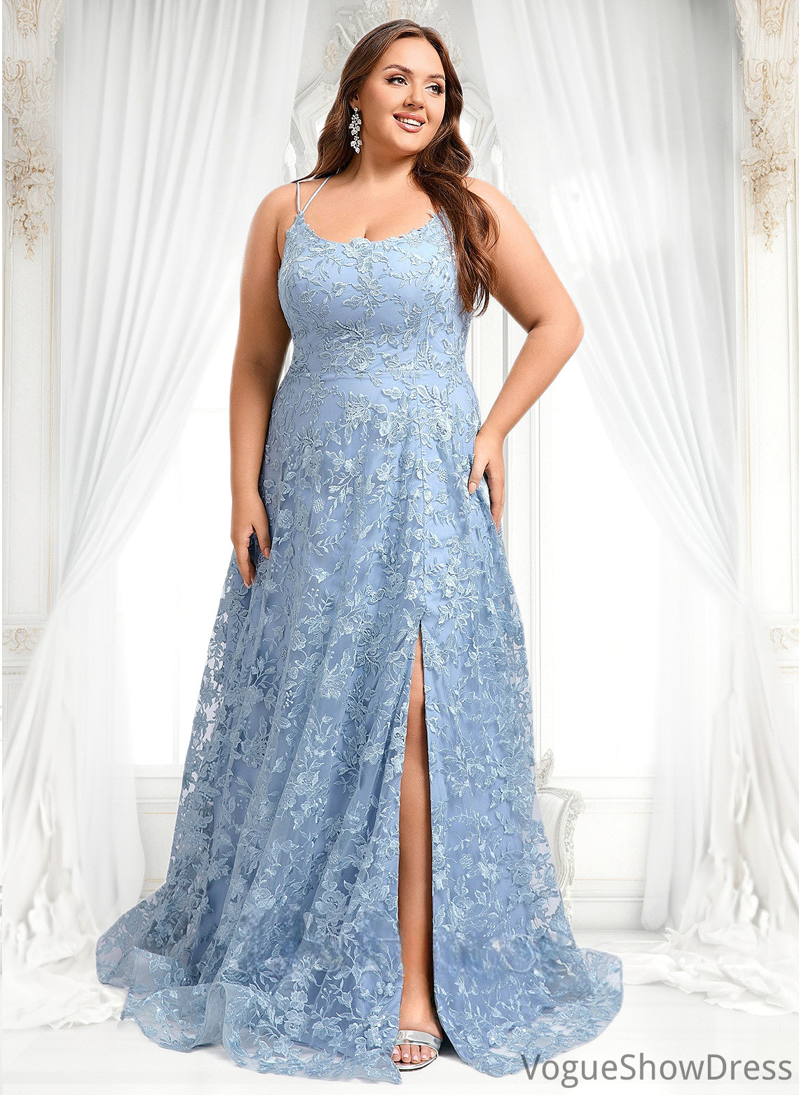 Kimora A-line Scoop Floor-Length Lace Floral Prom Dresses DLP0025847