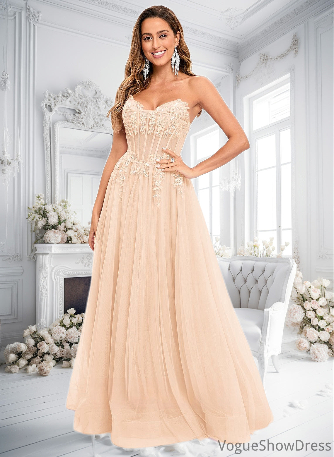 Jaylyn Ball-Gown/Princess V-Neck Floor-Length Tulle Prom Dresses With Sequins Appliques Lace DLP0025837