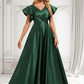 Milagros A-line V-Neck Floor-Length Satin Bridesmaid Dress With Ruffle DLP0025777