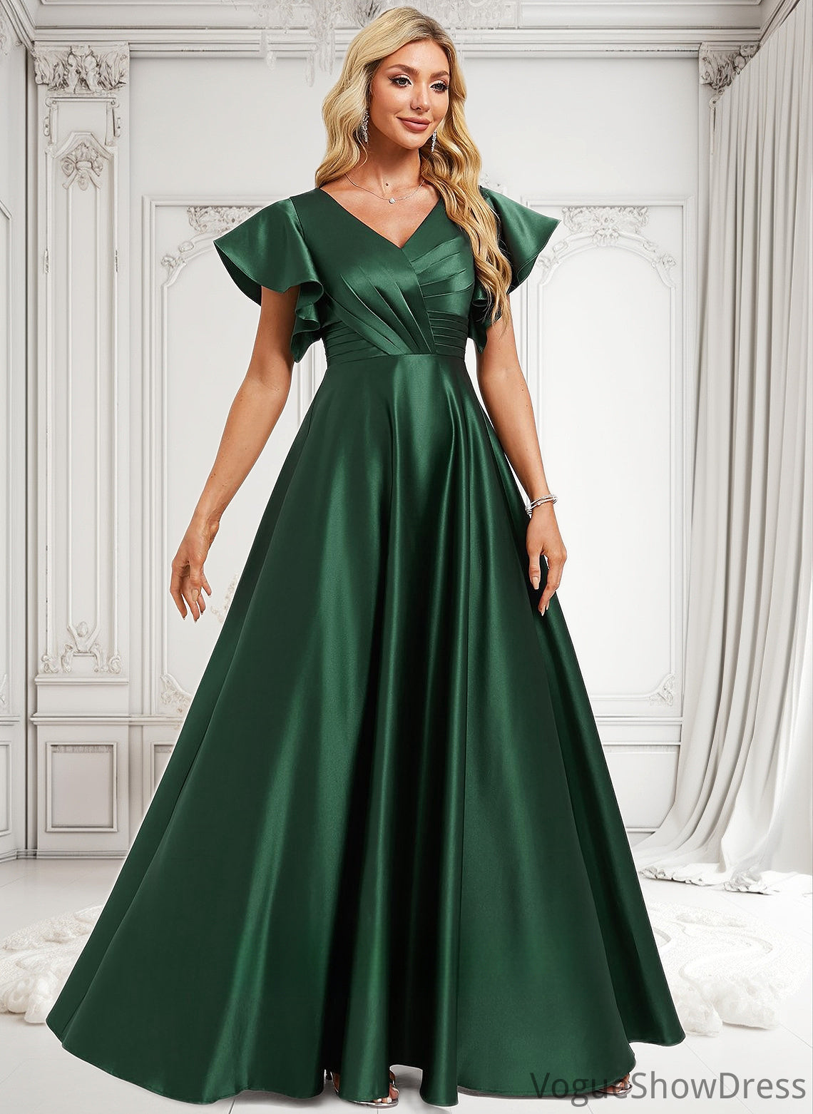 Milagros A-line V-Neck Floor-Length Satin Bridesmaid Dress With Ruffle DLP0025777