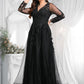 Evie A-line V-Neck Floor-Length Tulle Prom Dresses With Sequins Appliques Lace Beading DLP0025834