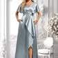 Sandy A-line V-Neck Floor-Length Stretch Satin Bridesmaid Dress With Ruffle DLP0025767