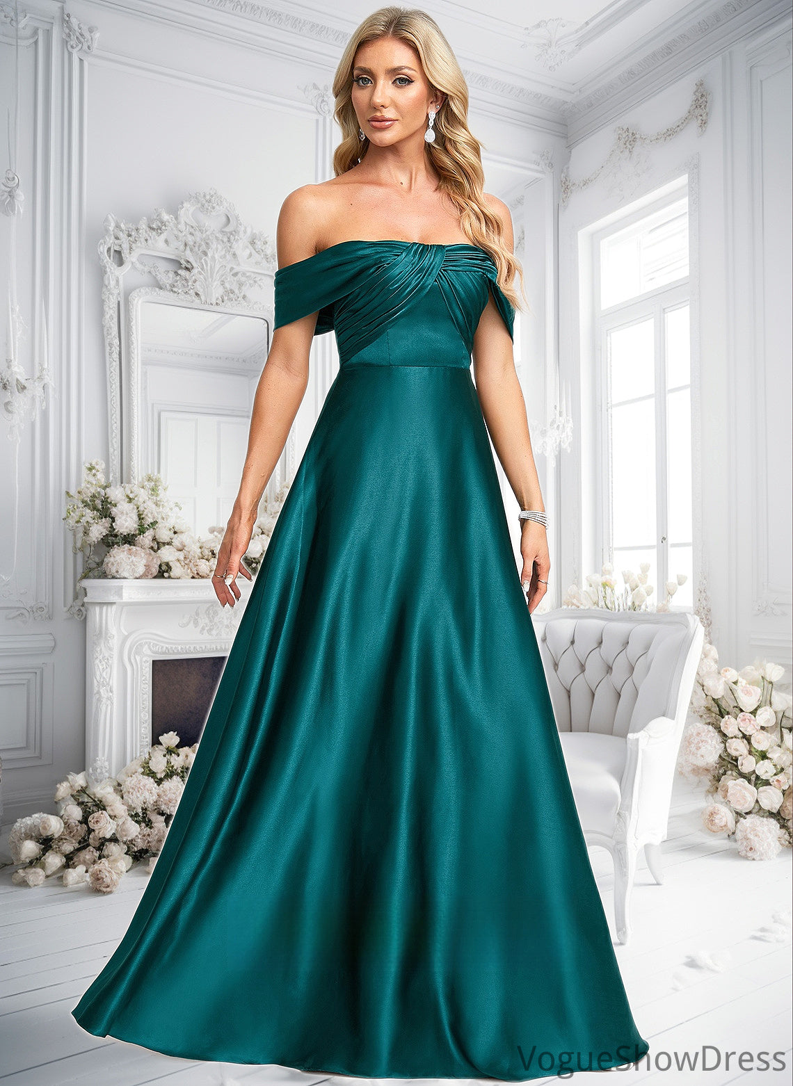 Yaretzi A-line Off the Shoulder Floor-Length Stretch Satin Prom Dresses DLP0025879