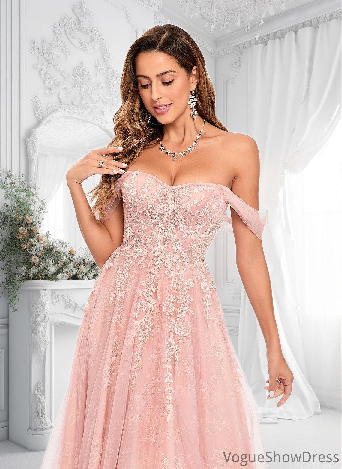 Talia A-line Sweetheart Off the Shoulder Floor-Length Tulle Floral Lace Prom Dresses With Appliques Lace DLP0025870