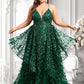 Yazmin Ball-Gown/Princess V-Neck Floor-Length Lace Floral Prom Dresses With Sequins DLP0025838