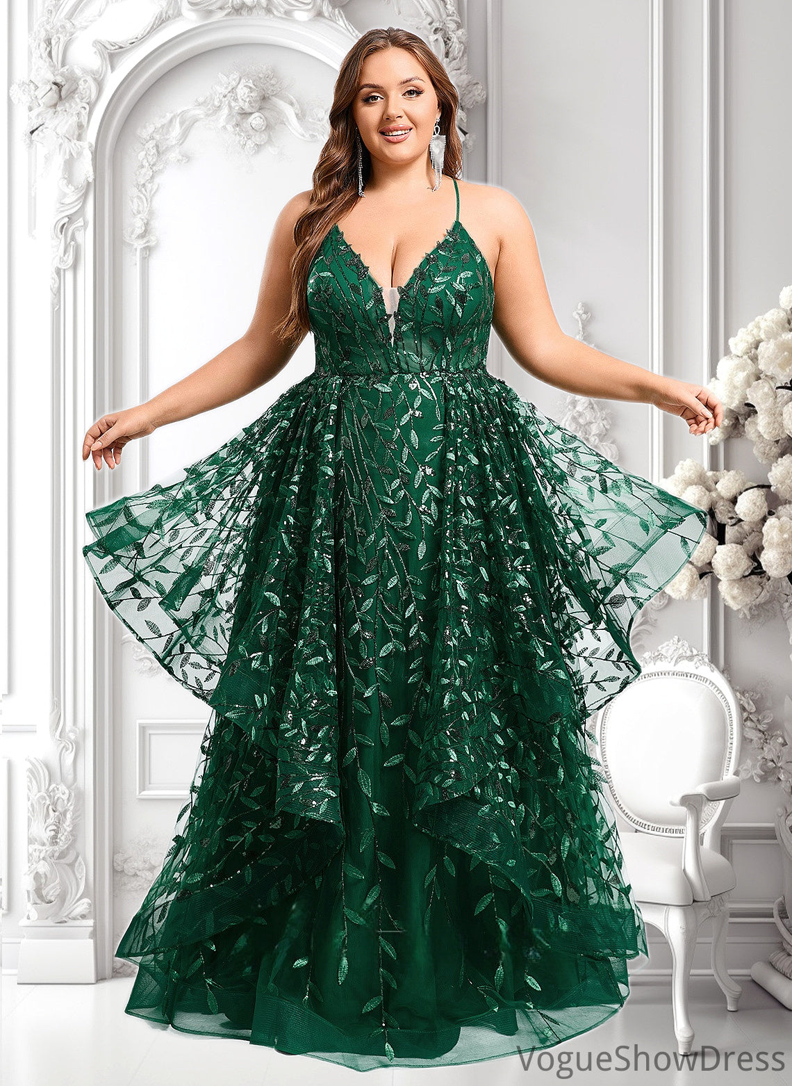 Yazmin Ball-Gown/Princess V-Neck Floor-Length Lace Floral Prom Dresses With Sequins DLP0025838