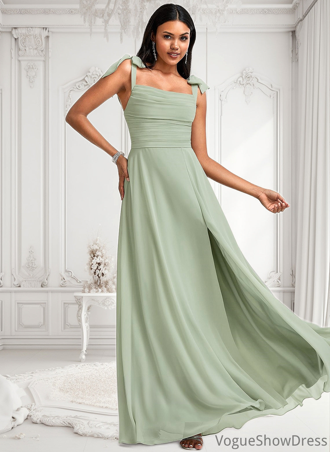 Samantha A-line Cowl Floor-Length Chiffon Bridesmaid Dress With Bow DLP0025738