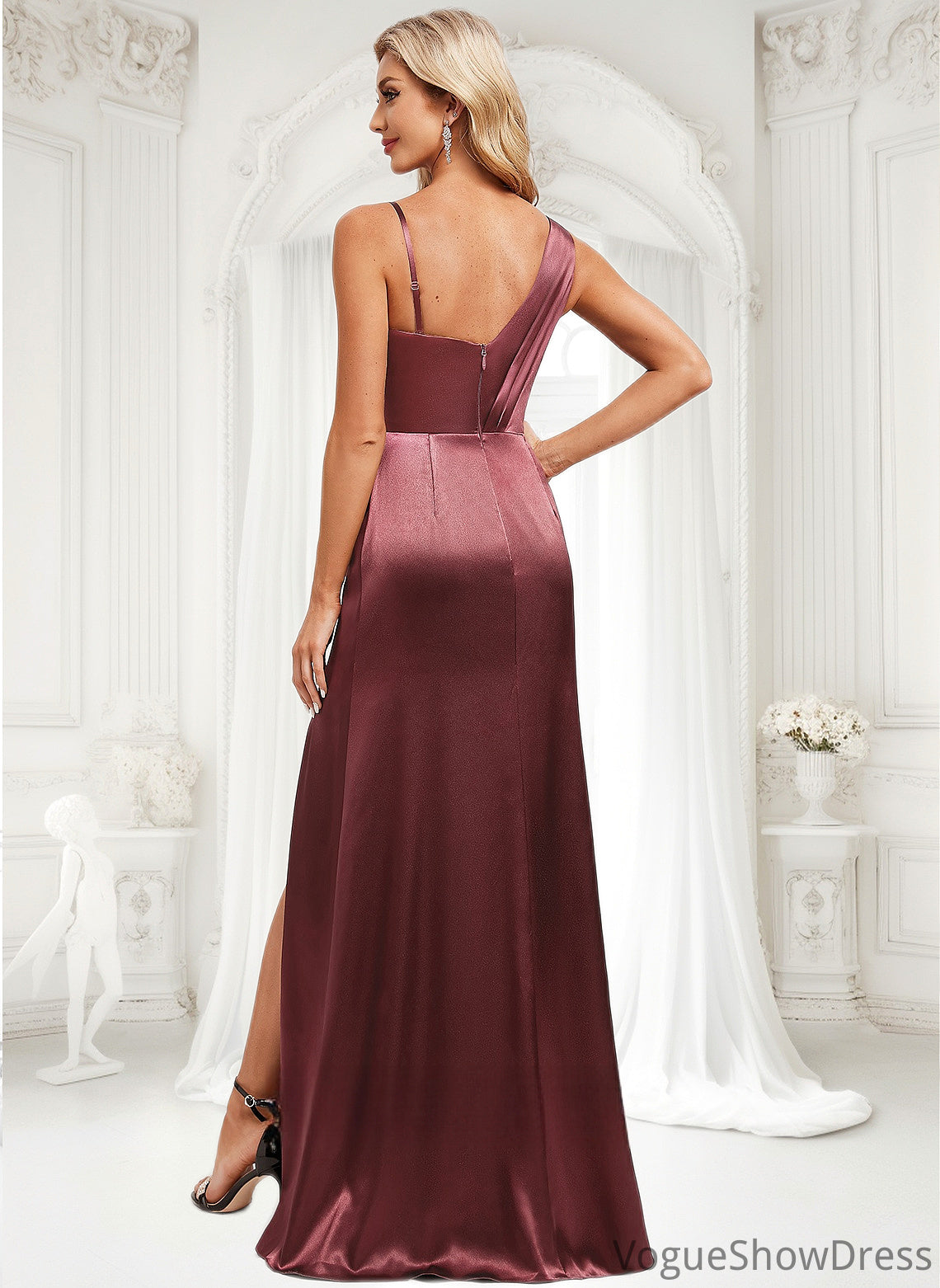 Lesly A-line Asymmetrical Floor-Length Stretch Satin Bridesmaid Dress DLP0025828