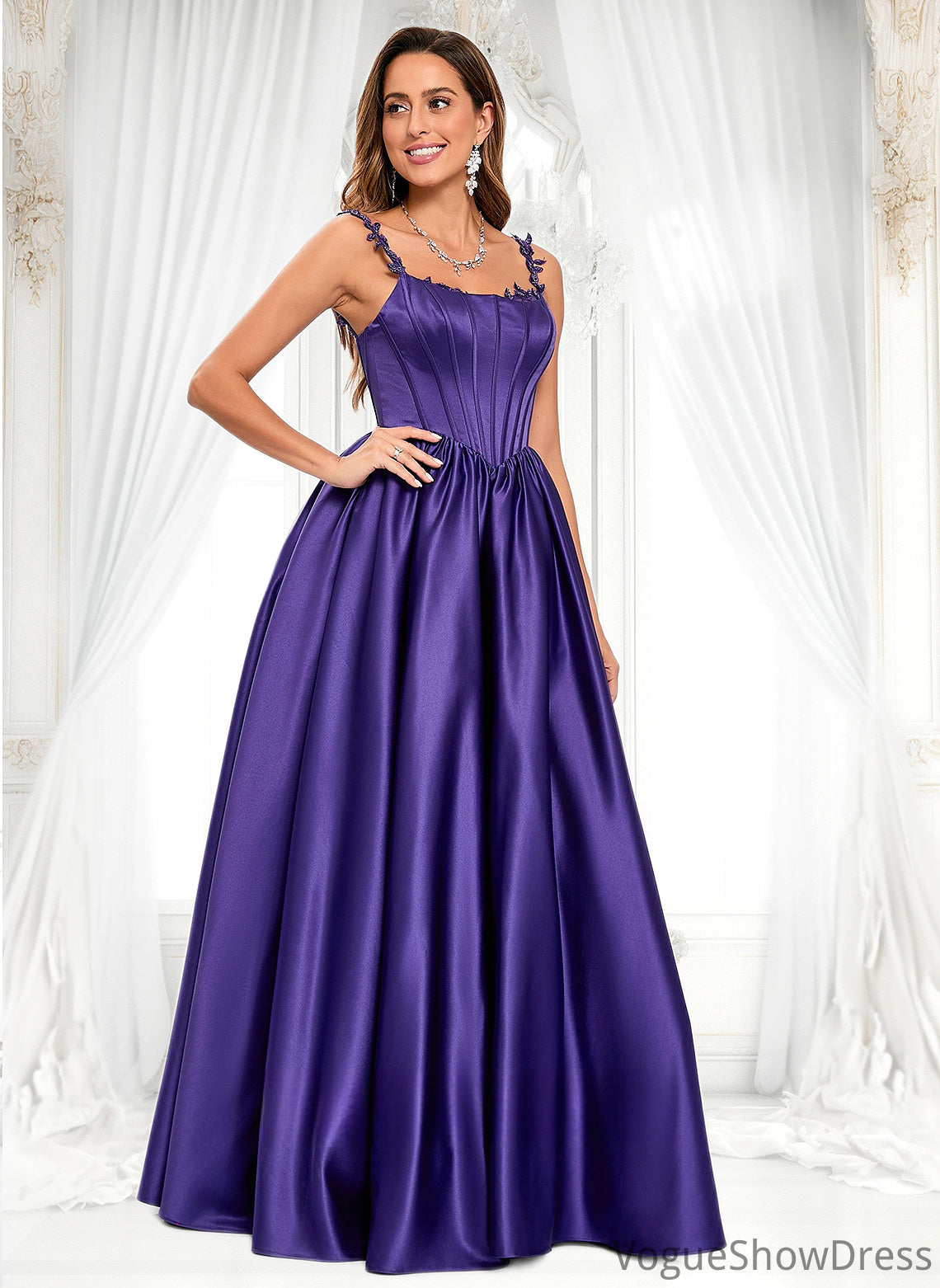 Lori Ball-Gown/Princess Scoop Floor-Length Satin Prom Dresses With Appliques Lace Beading DLP0025865