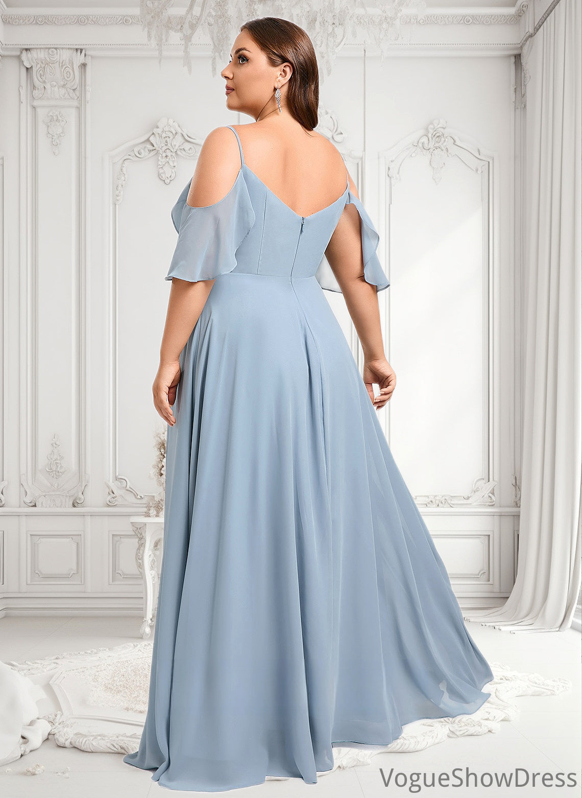 Sophie A-line Cold Shoulder Floor-Length Chiffon Bridesmaid Dress With Ruffle DLP0025797