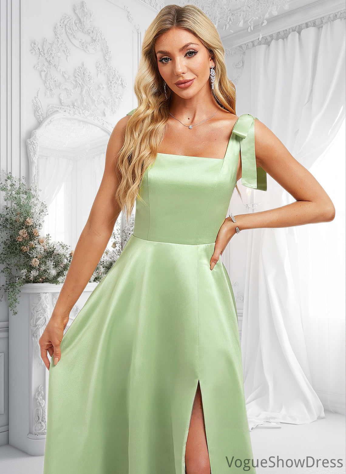 Rosalyn A-line Square Floor-Length Satin Bridesmaid Dress With Bow DLP0025778