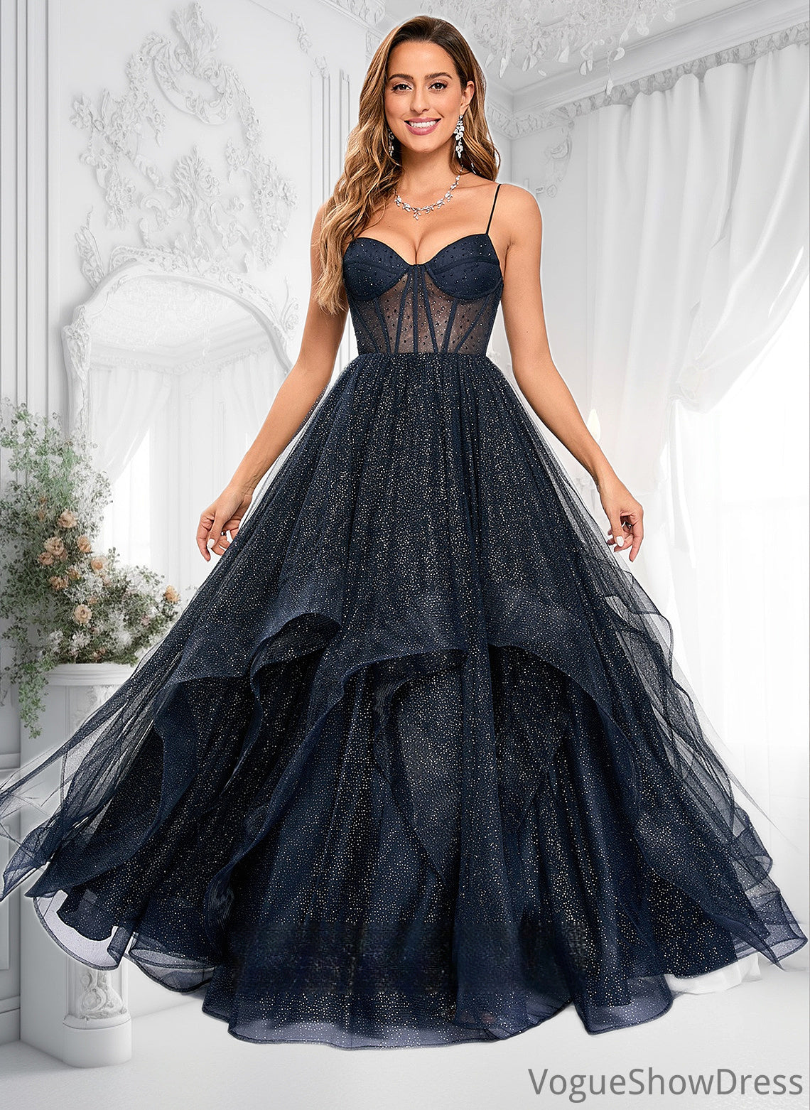 Kaia Ball-Gown/Princess V-Neck Floor-Length Tulle Prom Dresses DLP0025863