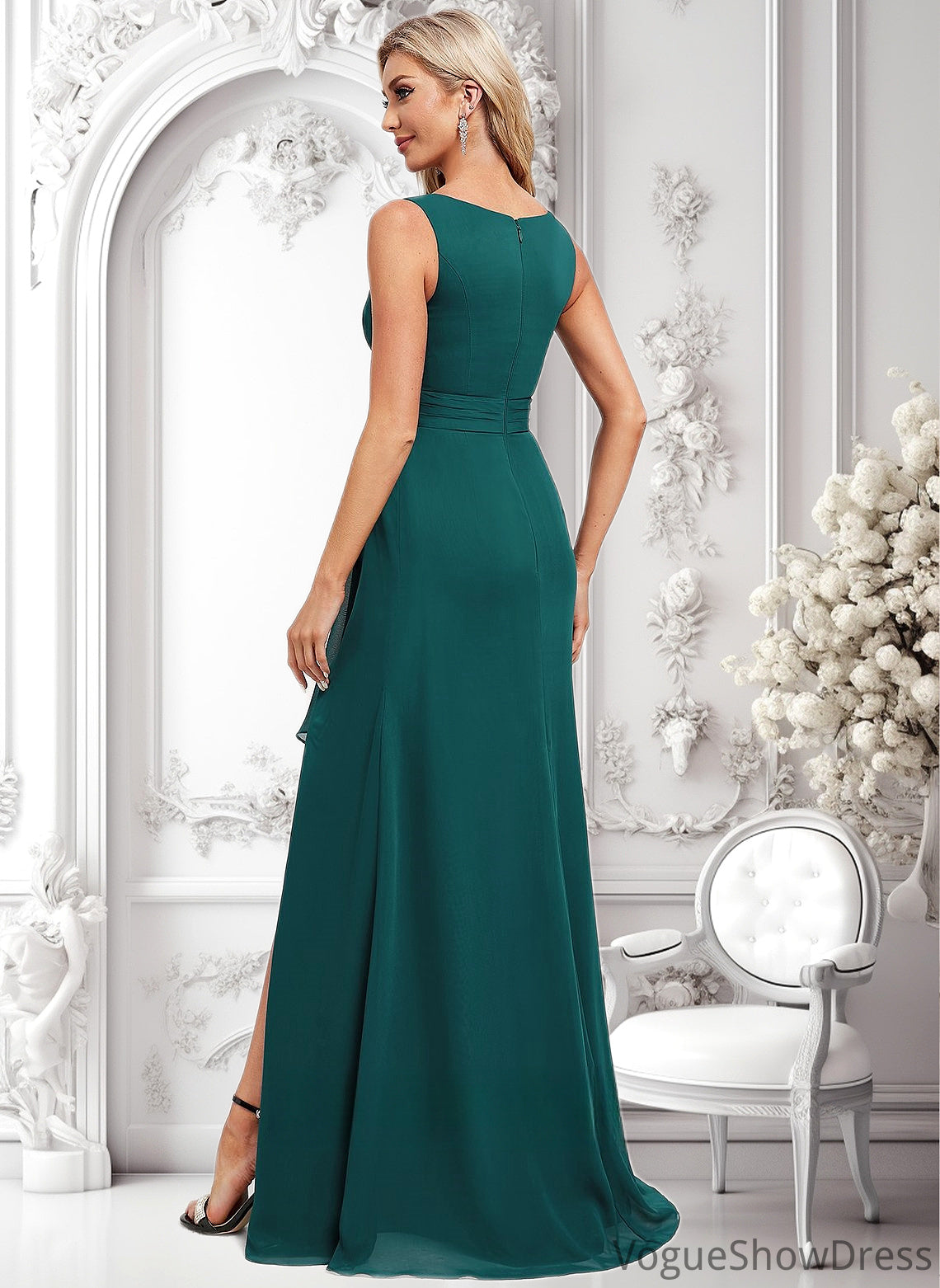 Angela A-line Scoop Floor-Length Chiffon Bridesmaid Dress With Ruffle DLP0025814