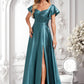 Nadine A-line V-Neck Floor-Length Stretch Satin Bridesmaid Dress With Ruffle DLP0025780