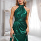 Gertie A-line Halter Floor-Length Stretch Satin Bridesmaid Dress With Ruffle DLP0025817