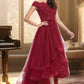 Scarlett A-line Off the Shoulder Asymmetrical Lace Tulle Homecoming Dress With Beading Bow Sequins DLP0020535