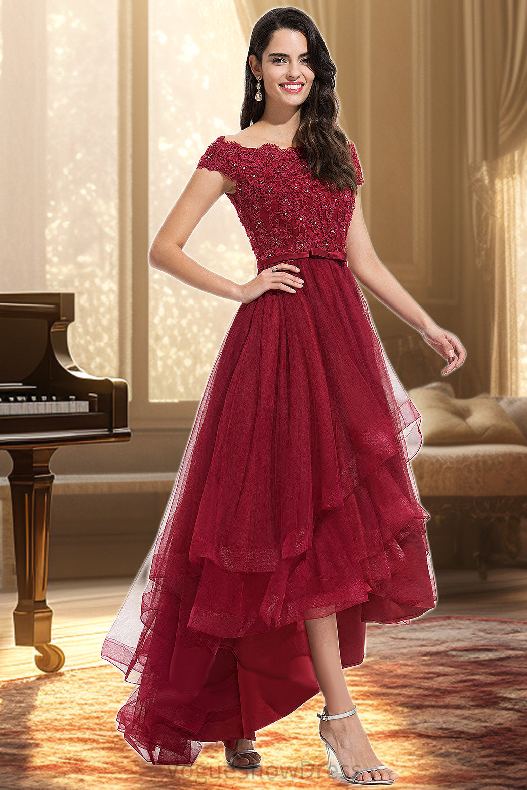 Scarlett A-line Off the Shoulder Asymmetrical Lace Tulle Homecoming Dress With Beading Bow Sequins DLP0020535