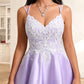 Monica A-line V-Neck Short Satin Homecoming Dress With Appliques Lace DLP0025696