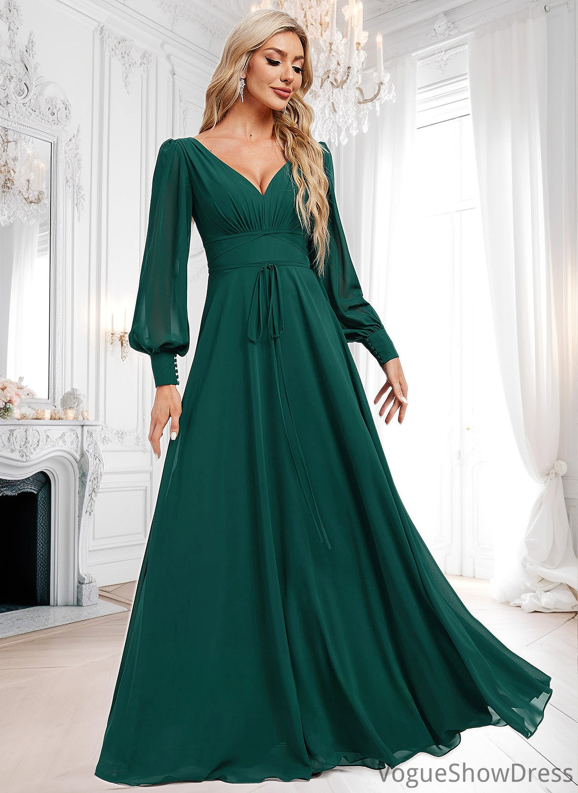 Alejandra A-line V-Neck Floor-Length Chiffon Bridesmaid Dress DLP0025816