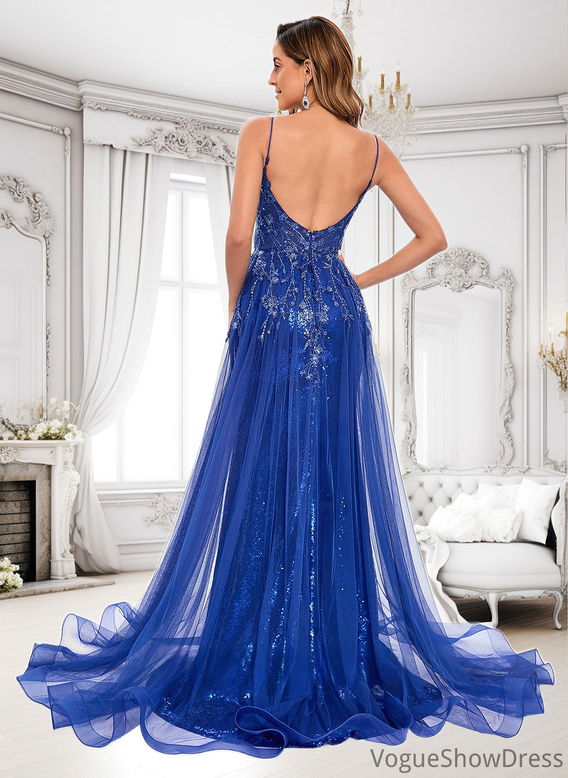 Frances Trumpet/Mermaid Straight Sweep Train Tulle Sequin Prom Dresses With Sequins Appliques Lace DLP0025857