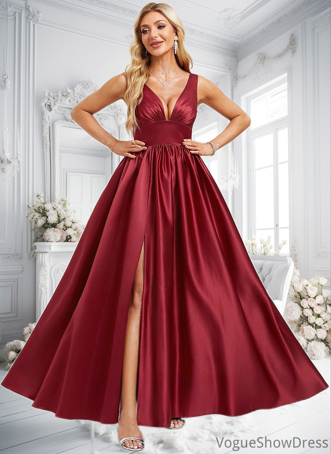 Quinn A-line V-Neck Floor-Length Satin Bridesmaid Dress DLP0025775