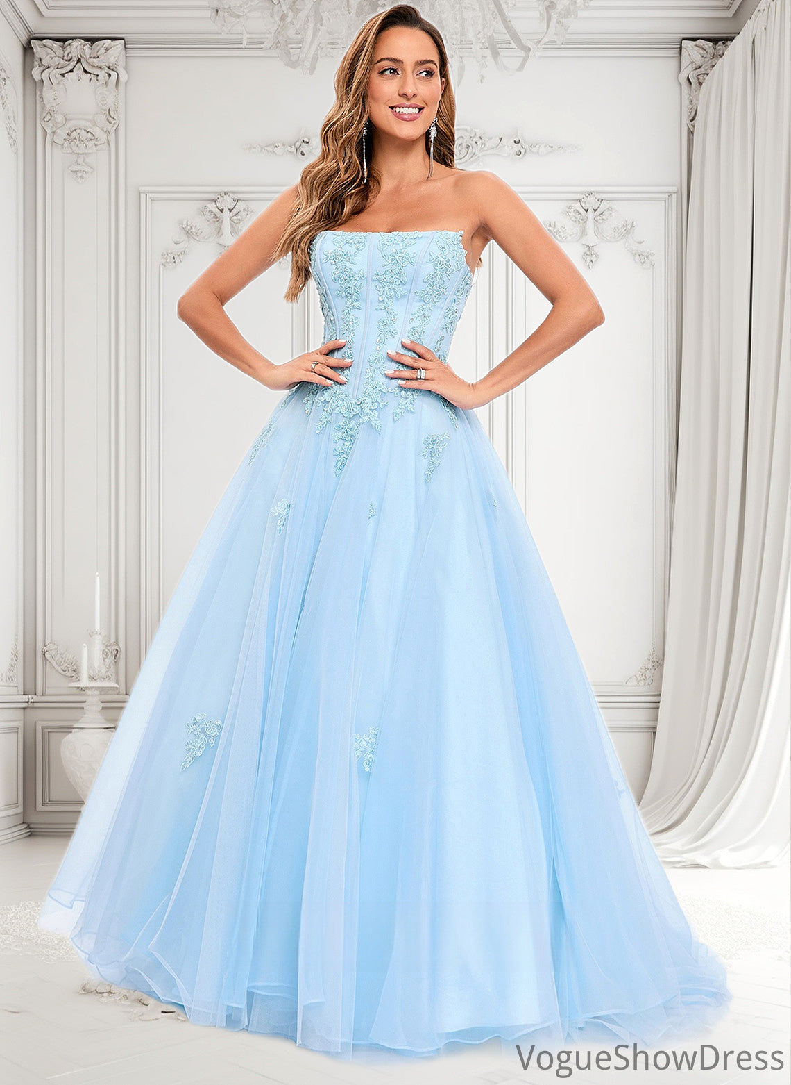 Natalia Ball-Gown/Princess Straight Sweep Train Tulle Prom Dresses With Sequins Appliques Lace DLP0025864