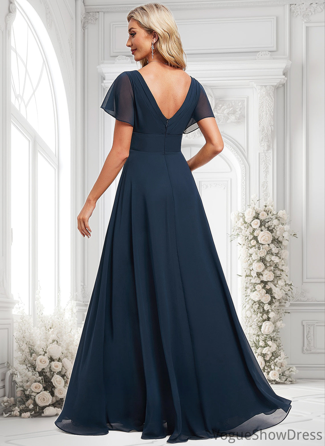 Natalya A-line V-Neck Floor-Length Chiffon Bridesmaid Dress DLP0025806