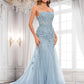 Angelica Trumpet/Mermaid Straight Sweep Train Tulle Prom Dresses With Flower DLP0025866