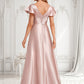 Lilith A-line V-Neck Floor-Length Stretch Satin Bridesmaid Dress With Ruffle DLP0025787