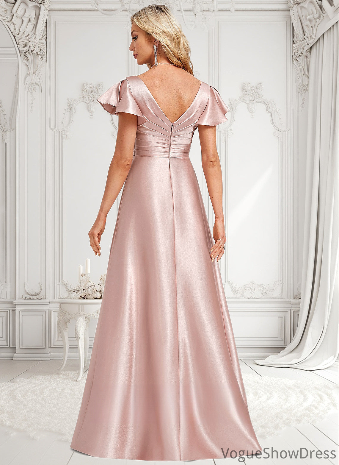 Lilith A-line V-Neck Floor-Length Stretch Satin Bridesmaid Dress With Ruffle DLP0025787