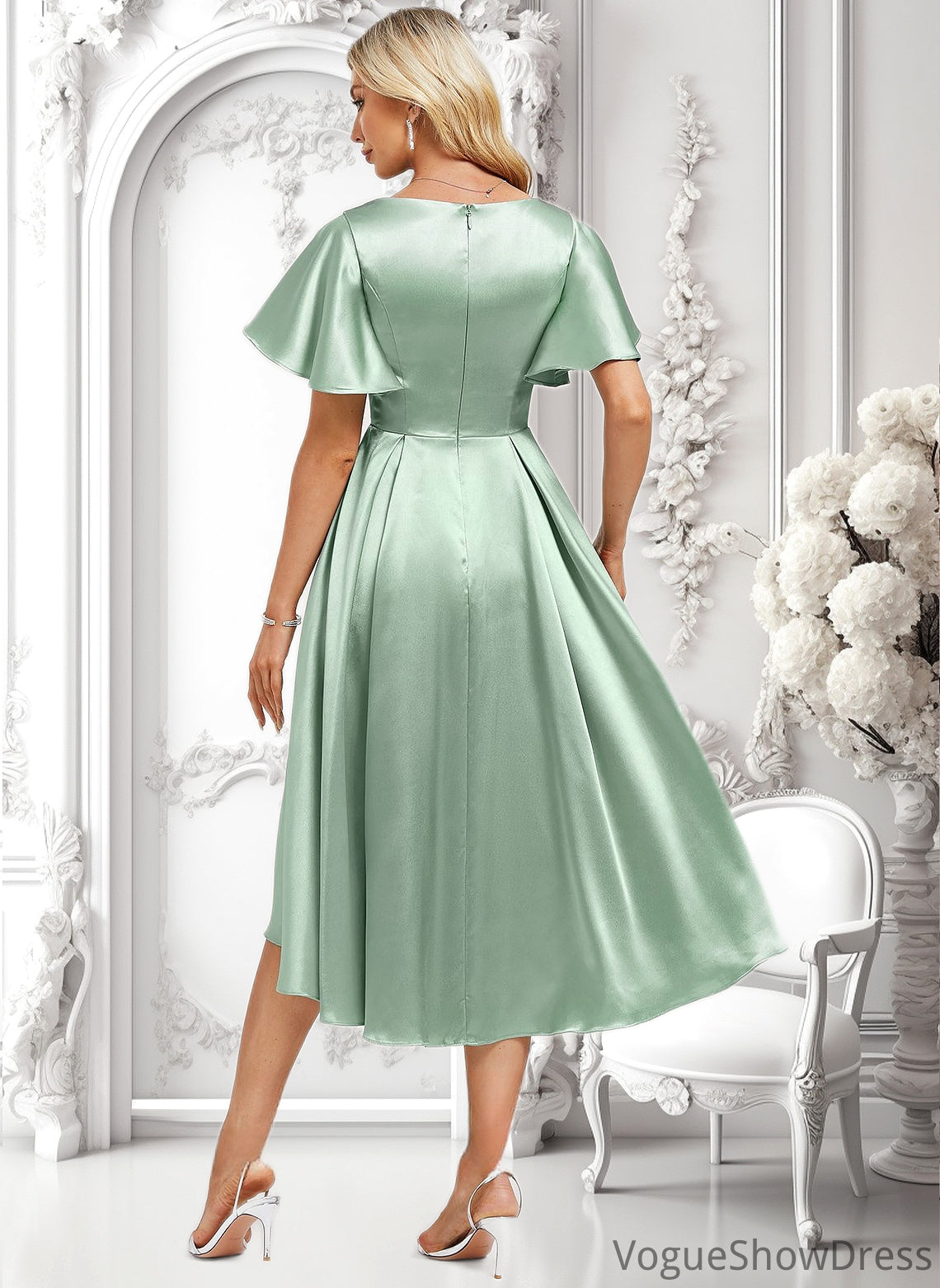 Tina A-line V-Neck Asymmetrical Stretch Satin Bridesmaid Dress With Ruffle DLP0025772