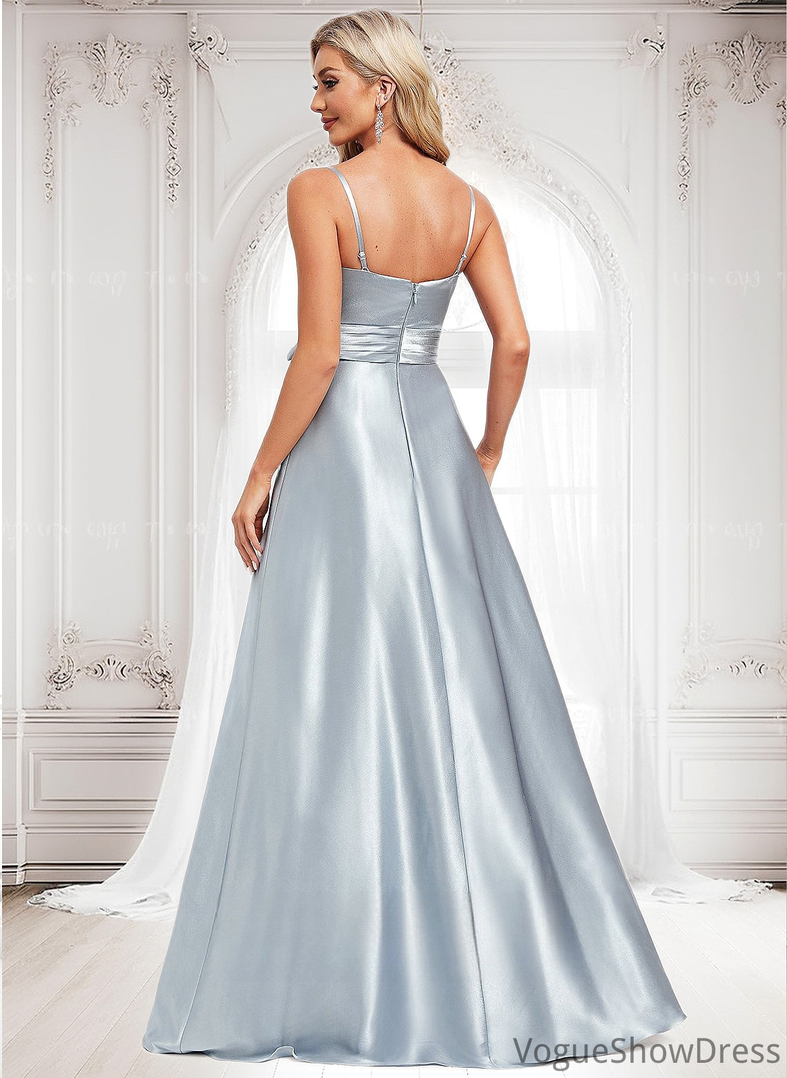 Nancy A-line V-Neck Floor-Length Stretch Satin Bridesmaid Dress DLP0025795