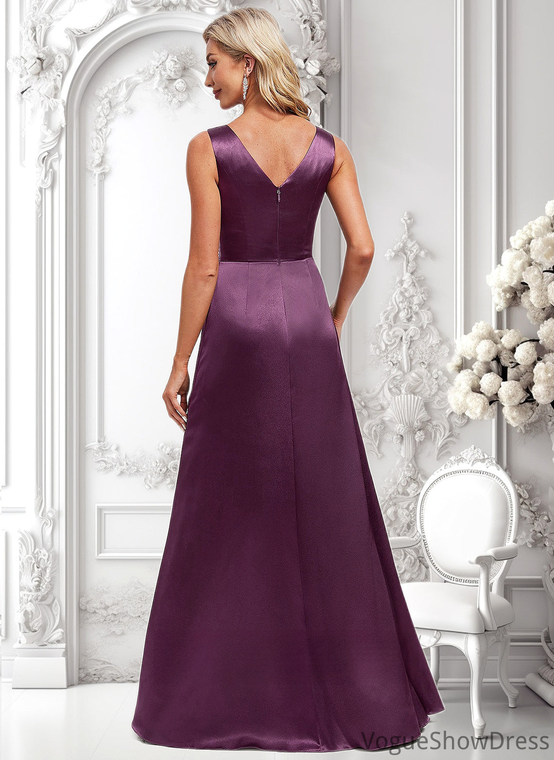 Claudia A-line Scoop Floor-Length Stretch Satin Bridesmaid Dress DLP0025829