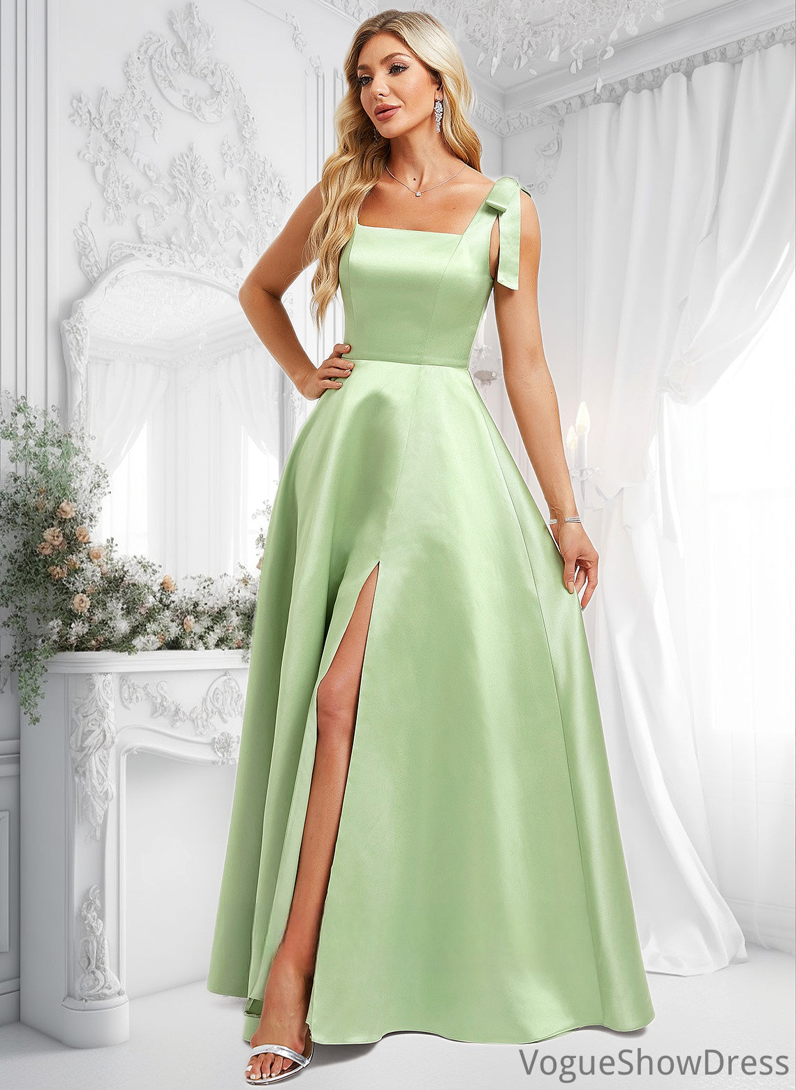 Rosalyn A-line Square Floor-Length Satin Bridesmaid Dress With Bow DLP0025778