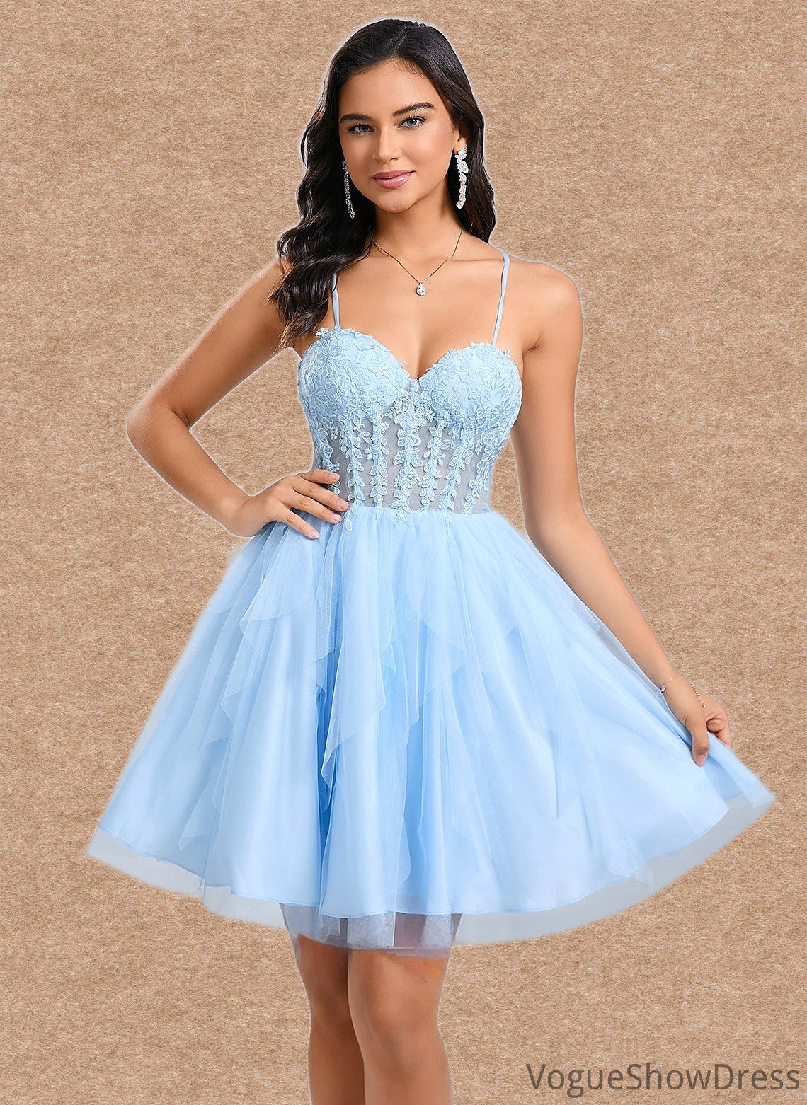 Raelynn Ball-Gown/Princess Sweetheart Short Lace Tulle Homecoming Dress With Ruffle DLP0025707