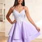 Monica A-line V-Neck Short Satin Homecoming Dress With Appliques Lace DLP0025696