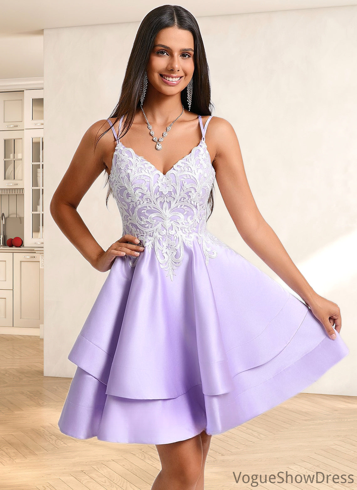 Monica A-line V-Neck Short Satin Homecoming Dress With Appliques Lace DLP0025696