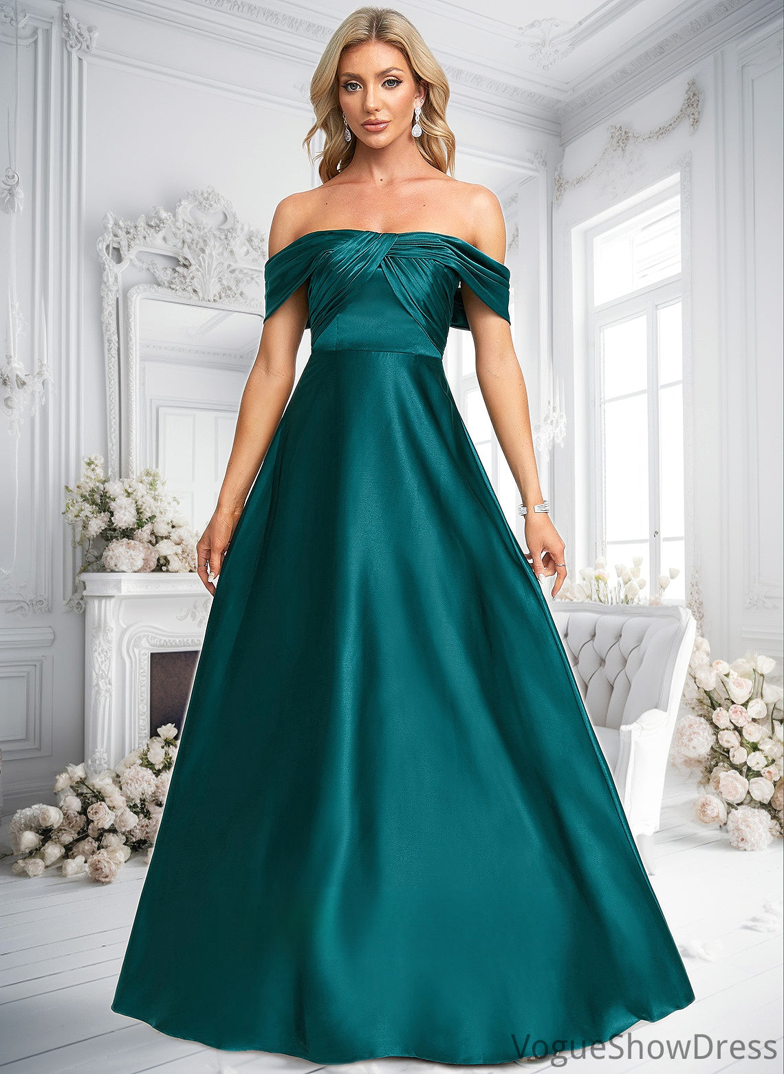 Yaretzi A-line Off the Shoulder Floor-Length Stretch Satin Prom Dresses DLP0025879