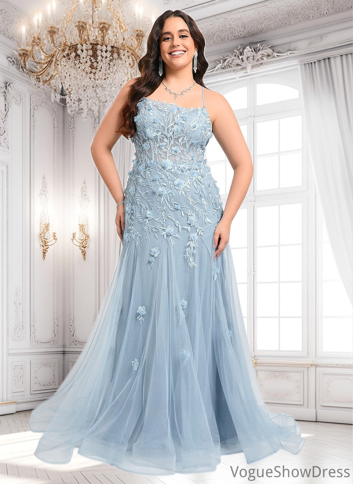 Angelica Trumpet/Mermaid Straight Sweep Train Tulle Prom Dresses With Flower DLP0025866